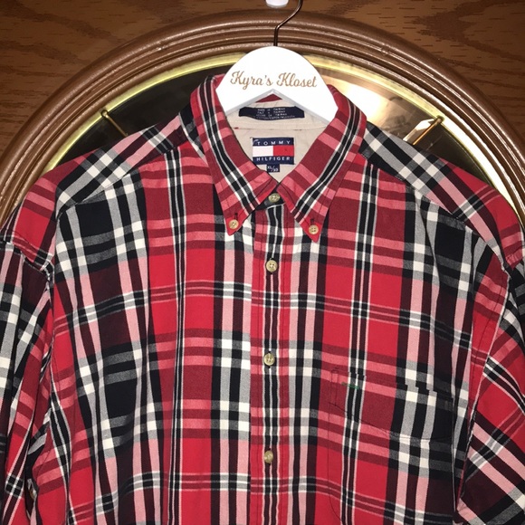 Vintage Tommy Hilfiger Red & Black Plaid Shadow Check Button Down Flannel Shirt - Picture 3 of 12